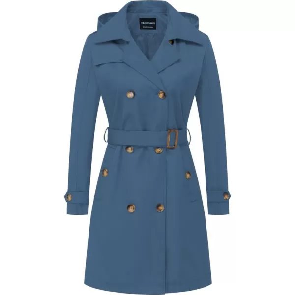 CREATMO US Womens Long Trench Coat DoubleBreasted Classic Lapel Overcoat Belted Slim Outerwear Coat with Detachable HoodDark Blue