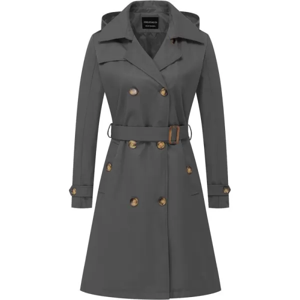 CREATMO US Womens Long Trench Coat DoubleBreasted Classic Lapel Overcoat Belted Slim Outerwear Coat with Detachable HoodGrey