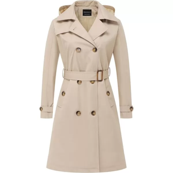 CREATMO US Womens Long Trench Coat DoubleBreasted Classic Lapel Overcoat Belted Slim Outerwear Coat with Detachable HoodKhaki