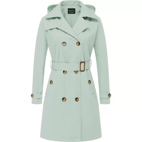 CREATMO US Womens Long Trench Coat DoubleBreasted Classic Lapel Overcoat Belted Slim Outerwear Coat with Detachable HoodLight Green