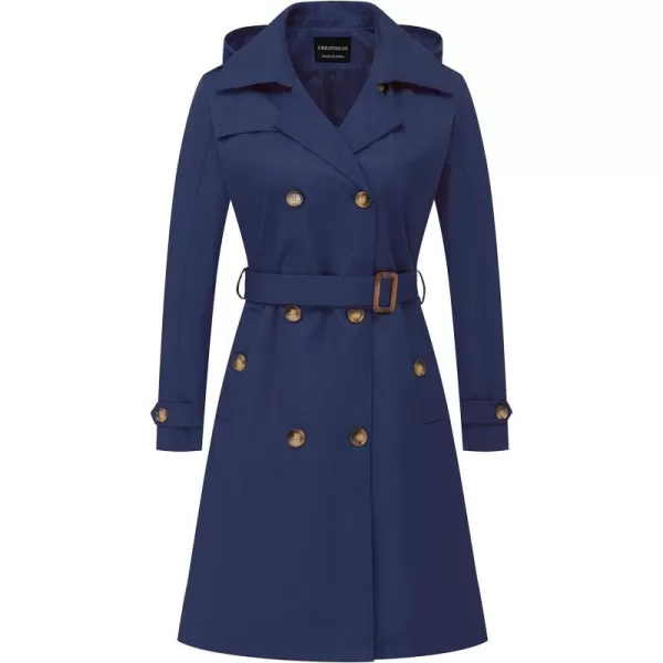 CREATMO US Womens Long Trench Coat DoubleBreasted Classic Lapel Overcoat Belted Slim Outerwear Coat with Detachable HoodNavy Blue