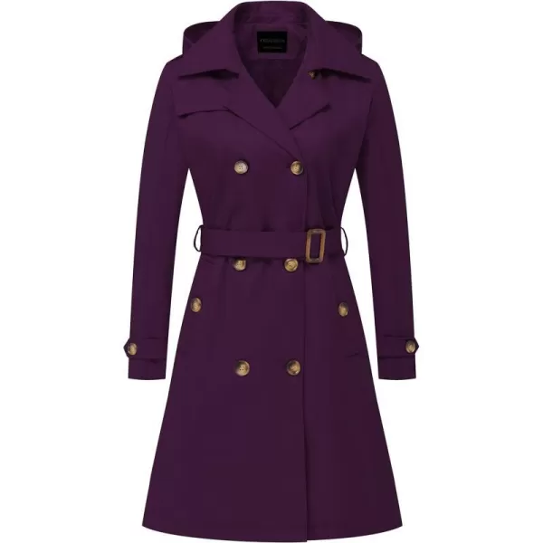 CREATMO US Womens Long Trench Coat DoubleBreasted Classic Lapel Overcoat Belted Slim Outerwear Coat with Detachable HoodPurple