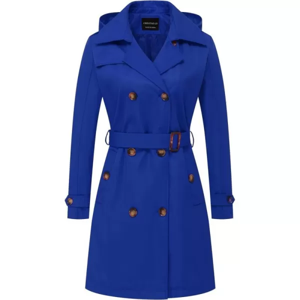 CREATMO US Womens Long Trench Coat DoubleBreasted Classic Lapel Overcoat Belted Slim Outerwear Coat with Detachable HoodRoyal Blue