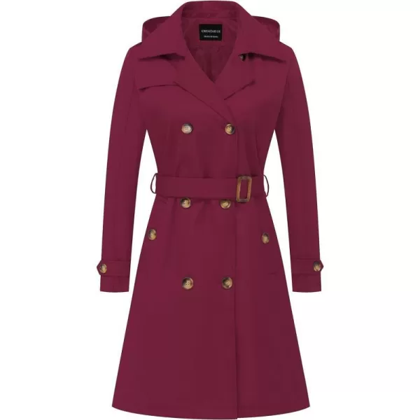 CREATMO US Womens Long Trench Coat DoubleBreasted Classic Lapel Overcoat Belted Slim Outerwear Coat with Detachable HoodWine Red