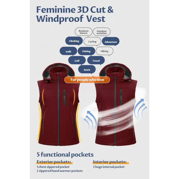 CREATMO US Womens Lightweight Softshell Vest Outerwear Windbreaker Sleeveless Jacket With Removable HoodBurgundy