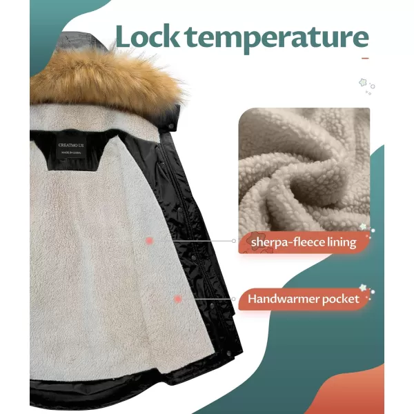 CREATMO US Girls Long Winter Warm Parka Sherpa Trimmed Collar Puffer Ski Jacket CoatBlack