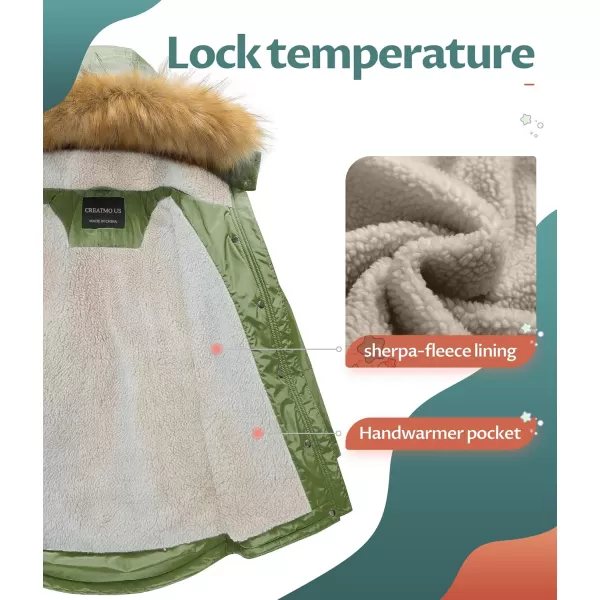 CREATMO US Girls Long Winter Warm Parka Sherpa Trimmed Collar Puffer Ski Jacket CoatGreen