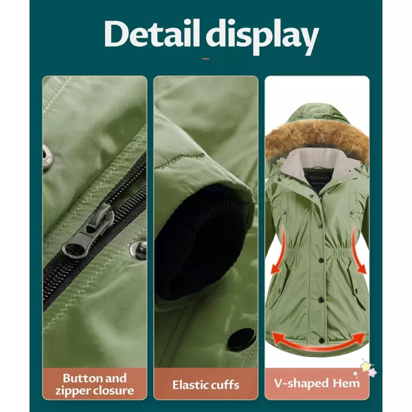 CREATMO US Girls Long Winter Warm Parka Sherpa Trimmed Collar Puffer Ski Jacket CoatGreen