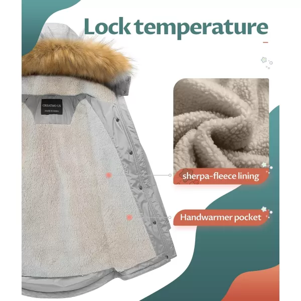 CREATMO US Girls Long Winter Warm Parka Sherpa Trimmed Collar Puffer Ski Jacket CoatGrey
