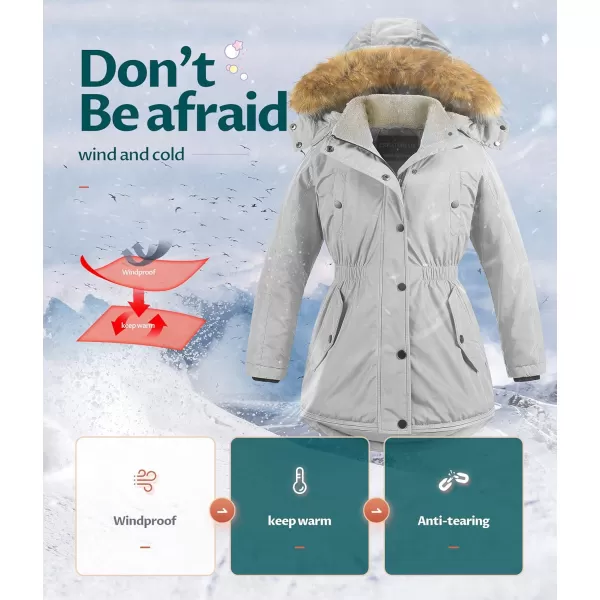 CREATMO US Girls Long Winter Warm Parka Sherpa Trimmed Collar Puffer Ski Jacket CoatGrey