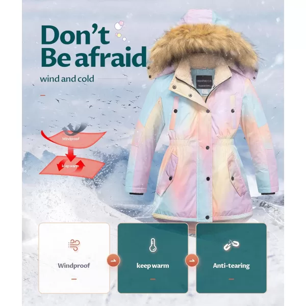 CREATMO US Girls Long Winter Warm Parka Sherpa Trimmed Collar Puffer Ski Jacket CoatPinkombre