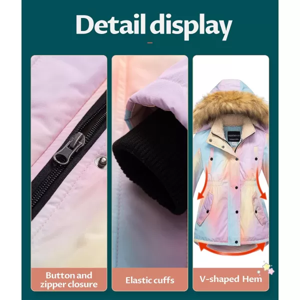 CREATMO US Girls Long Winter Warm Parka Sherpa Trimmed Collar Puffer Ski Jacket CoatPinkombre