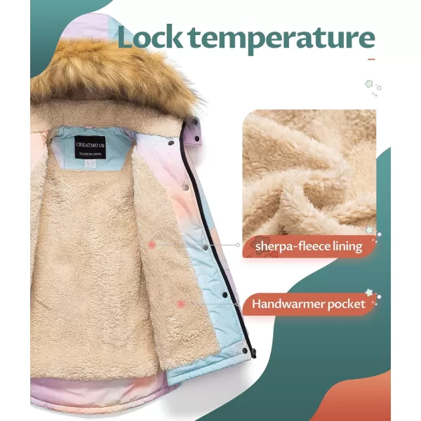 CREATMO US Girls Long Winter Warm Parka Sherpa Trimmed Collar Puffer Ski Jacket CoatPinkombre
