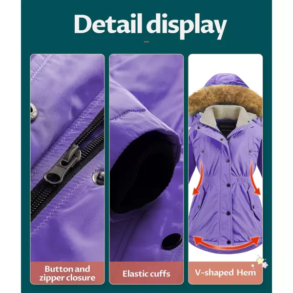 CREATMO US Girls Long Winter Warm Parka Sherpa Trimmed Collar Puffer Ski Jacket CoatPurple