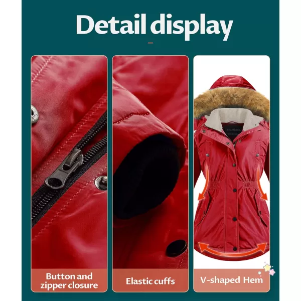 CREATMO US Girls Long Winter Warm Parka Sherpa Trimmed Collar Puffer Ski Jacket CoatRed