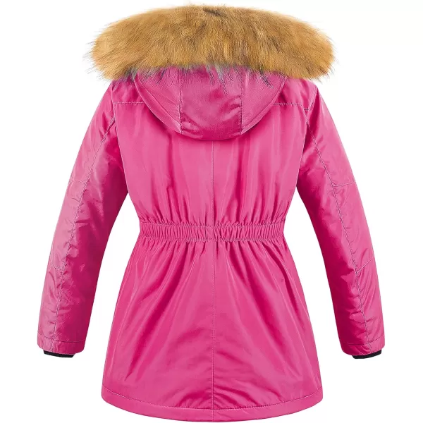 CREATMO US Girls Long Winter Warm Parka Sherpa Trimmed Collar Puffer Ski Jacket CoatRose Red