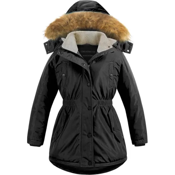 CREATMO US Girls Long Winter Warm Parka Sherpa Trimmed Collar Puffer Ski Jacket CoatBlack