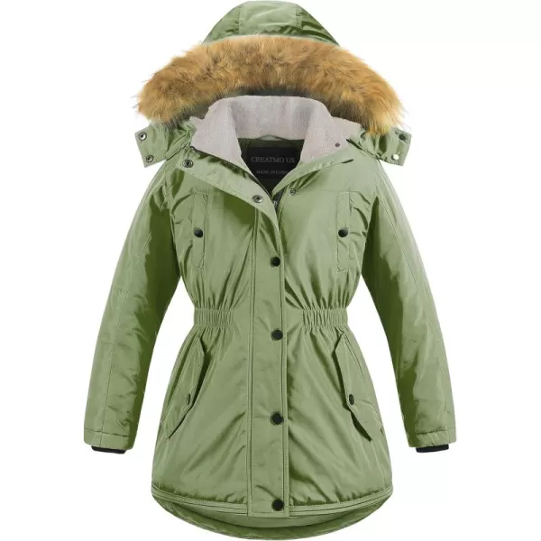 CREATMO US Girls Long Winter Warm Parka Sherpa Trimmed Collar Puffer Ski Jacket CoatGreen