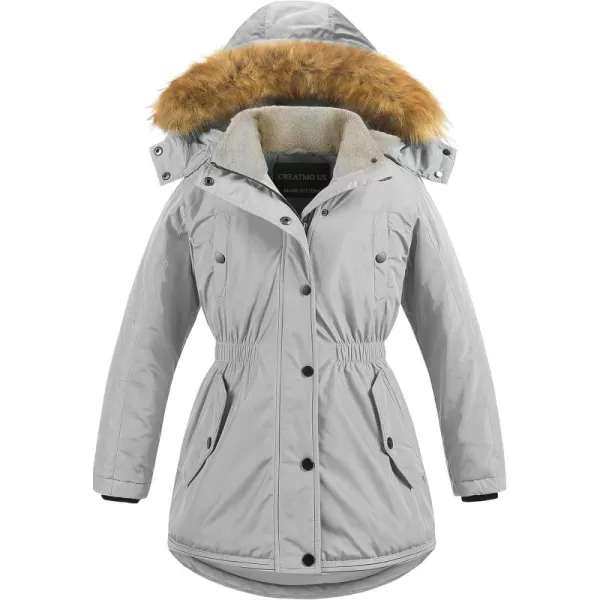 CREATMO US Girls Long Winter Warm Parka Sherpa Trimmed Collar Puffer Ski Jacket CoatGrey