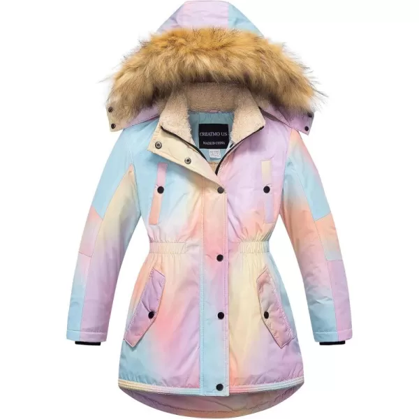 CREATMO US Girls Long Winter Warm Parka Sherpa Trimmed Collar Puffer Ski Jacket CoatPinkombre