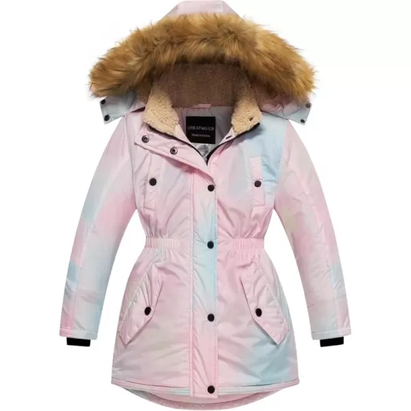 CREATMO US Girls Long Winter Warm Parka Sherpa Trimmed Collar Puffer Ski Jacket CoatPurple Ombre