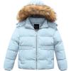 imageCREATMO US Girls Kids Metallic Shiny Jacket with Detachable Fur Collar Warmth Winter OuterwearLight Blue