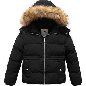 imageCREATMO US Girls Kids Metallic Shiny Jacket with Detachable Fur Collar Warmth Winter OuterwearBlack