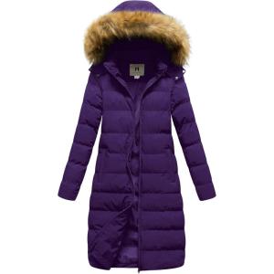 imageCREATMO US Womens Long Winter Faux Fur Coat Puffer Warm Jacket with Detachable HoodPurple