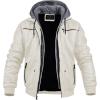 imageCREATMO US Mens Faux Leather Jacket Motorcycle Jacket Waterproof Windproof PU Moto Vintage Bomber Hoodie with Removable HoodWhite