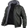 imageCREATMO US Mens Faux Leather Jacket Motorcycle Jacket Waterproof Windproof PU Moto Vintage Bomber Hoodie with Removable HoodArmy Green