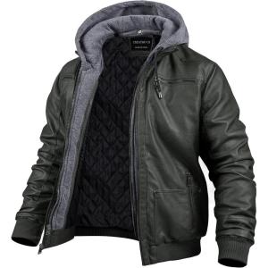 imageCREATMO US Mens Faux Leather Jacket Motorcycle Jacket Waterproof Windproof PU Moto Vintage Bomber Hoodie with Removable HoodArmy Green