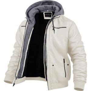 imageCREATMO US Mens Faux Leather Jacket Motorcycle Jacket Waterproof Windproof PU Moto Vintage Bomber Hoodie with Removable HoodWhite