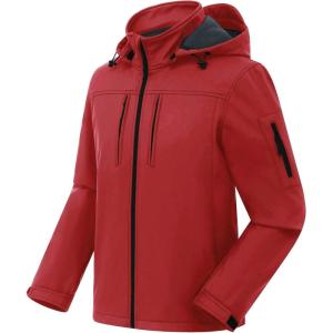 imageCREATMO US Mens Softshell Military Jacket With Removable Hood Fleece Lined and Water Repellent Outdoor Reflective CoatRed