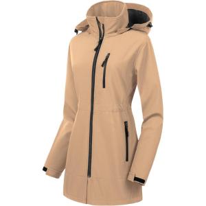 imageCREATMO US Womens Lightweight Waterproof Long Softshell Tactical Jacket Fleece Lined WindbreakerKhaki