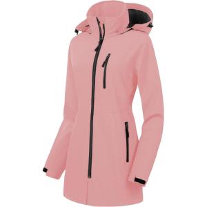 imageCREATMO US Womens Lightweight Waterproof Long Softshell Tactical Jacket Fleece Lined WindbreakerPink