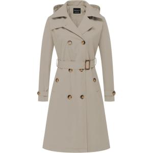 imageCREATMO US Womens Long Trench Coat DoubleBreasted Classic Lapel Overcoat Belted Slim Outerwear Coat with Detachable HoodApricot