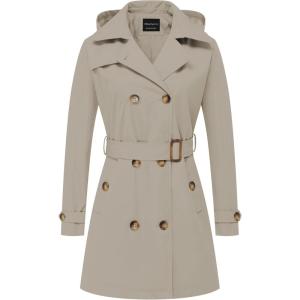 imageCREATMO US Womens Trench Coat DoubleBreasted Classic Lapel Overcoat Belted Slim Outerwear Coat with Detachable HoodApricot