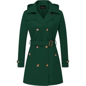 imageCREATMO US Womens Trench Coat DoubleBreasted Classic Lapel Overcoat Belted Slim Outerwear Coat with Detachable HoodDark Green