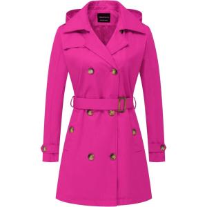 imageCREATMO US Womens Trench Coat DoubleBreasted Classic Lapel Overcoat Belted Slim Outerwear Coat with Detachable HoodRose Red