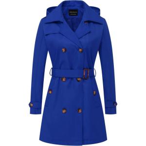imageCREATMO US Womens Trench Coat DoubleBreasted Classic Lapel Overcoat Belted Slim Outerwear Coat with Detachable HoodRoyal Blue