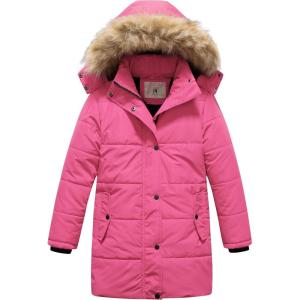 imageCREATMO US Girls Winter Fleece Lined Long Parka Puffer Coat Thicken Ski Jacket With Fur Trim HoodNeon Pink