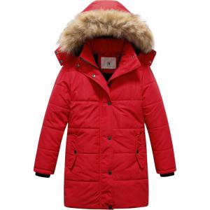 imageCREATMO US Girls Winter Fleece Lined Long Parka Puffer Coat Thicken Ski Jacket With Fur Trim HoodRed