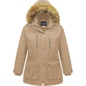 imageCREATMO US Womens Plus Size Winter Coat Waterproof Long Puffer Jacket Warm Military Thicken Parka with Fur HoodKhaki