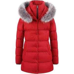 imageCREATMO US Womens Winter Snow Jacket Long Fur Puffer Coat With Removable Faux Fur TrimRed