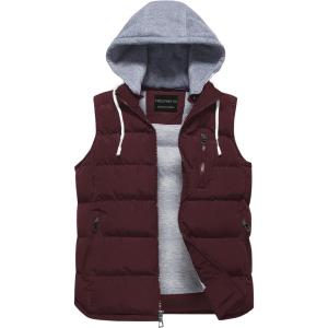 imageCREATMO US Mens Outdoor Winter Vest Outerwear Removable Hooded Padded Puffer Sleeveless VestBurgundy