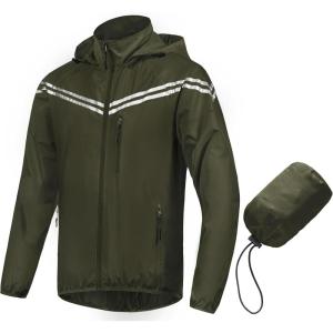 imageCREATMO US Mens Packable Waterproof Running Rain Coats Reflective Cycling Jacket Windbreaker With Removable HoodArmy Green