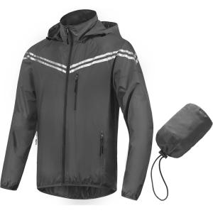 imageCREATMO US Mens Packable Waterproof Running Rain Coats Reflective Cycling Jacket Windbreaker With Removable HoodSilvery Gray