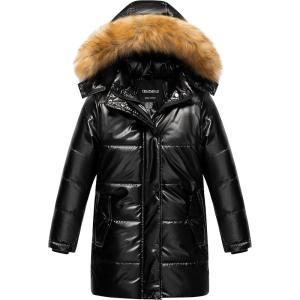 imageCREATMO US Girls Winter Fleece Lined Long Parka Puffer Coat Thicken Ski Jacket With Fur Trim HoodShine Black