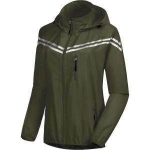 imageCREATMO US Womens Packable Waterproof Running Rain Coat Reflective Cycling Jacket Windbreaker With Detachable HoodArmy Green
