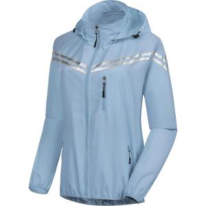 imageCREATMO US Womens Packable Waterproof Running Rain Coat Reflective Cycling Jacket Windbreaker With Detachable HoodBlue
